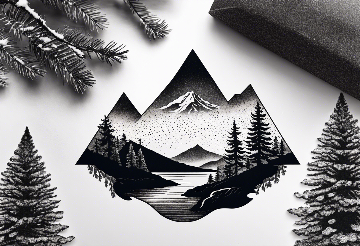 A snow capped mountain with pine trees and a river that becomes a beach tattoo idea