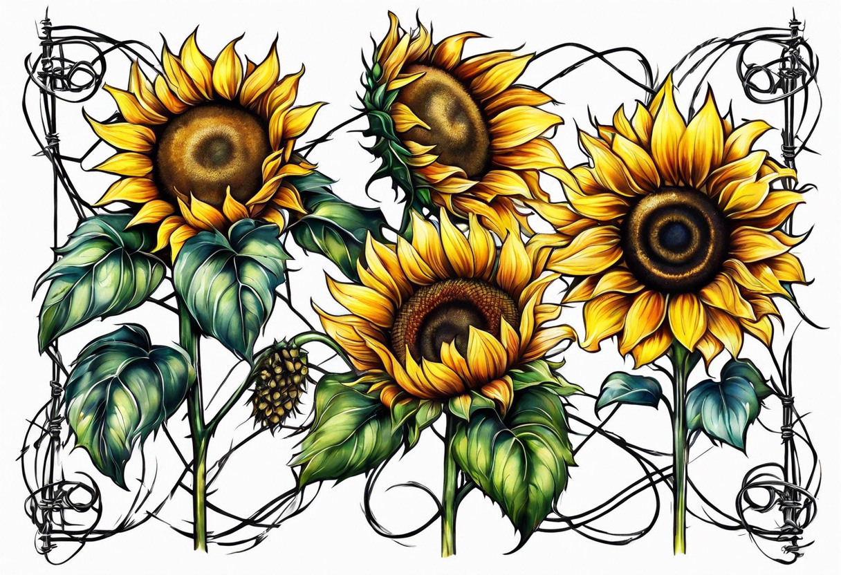 Sunflower, wheat, and barbed wire half sleeve tattoo idea