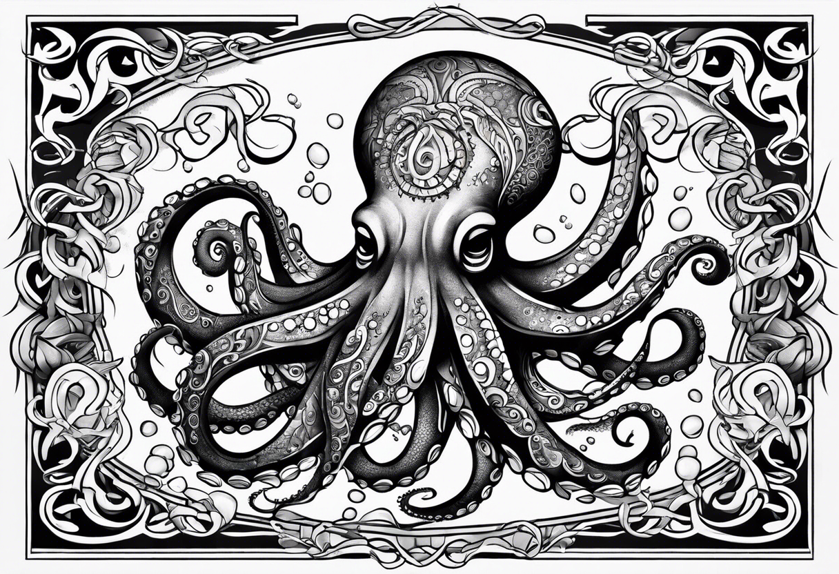 Tribal half sleeve octopus with ribbons around it filled with fish and water waves tattoo idea