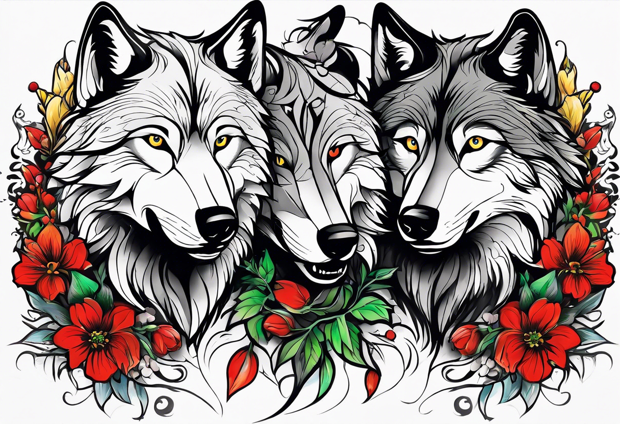 Two wolves face each other.  One wolf snarls, surrounded by thorns, the other has a serene expression, surrounded by colorful wildflowers.  Bold outlines, limited palette: red, yellow, green, black. tattoo idea