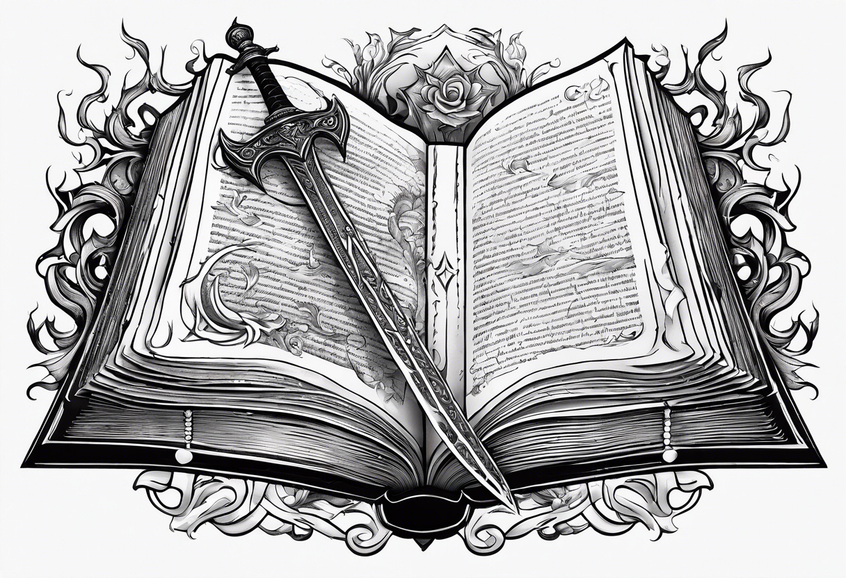 an empty open book with a sword through it, dragonwings and sparks surrounding the book. tattoo idea