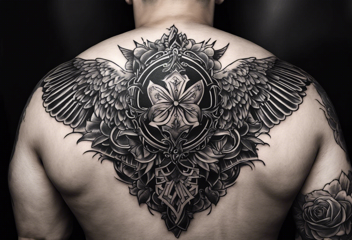 A basic tattoo that is placed on the upper back of a male. It should represent catholic religion, discipline, pain and the love to animals. tattoo idea