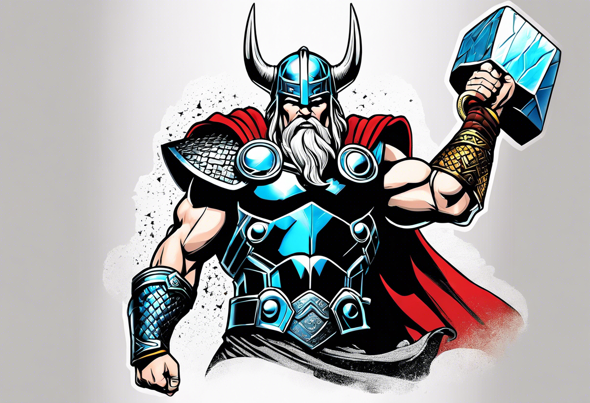 The Mighty Thor not so muscular profile with mjolnir with the entire design shown tattoo idea