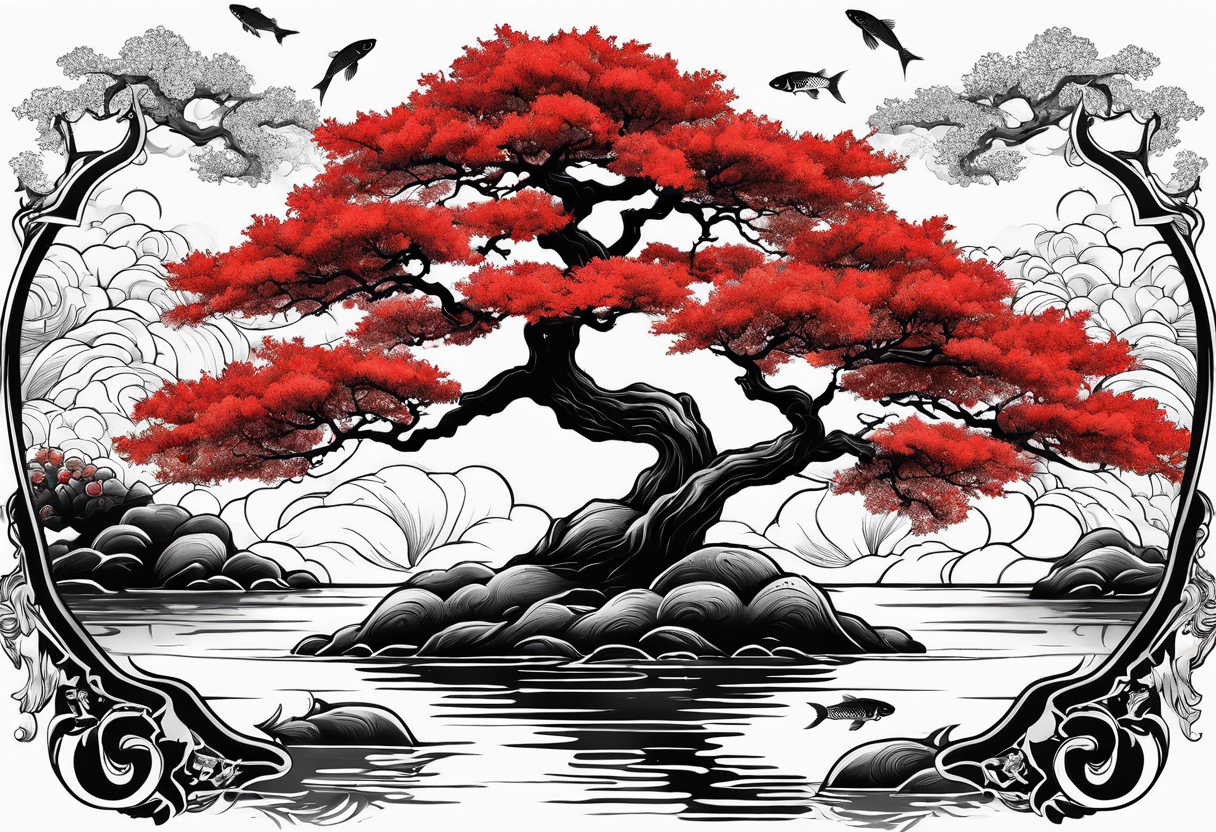 Red japanese oak tree next to a river with koi fish in the water tattoo idea