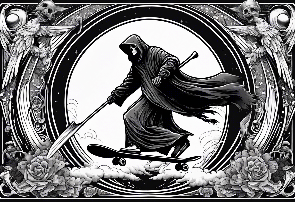 the grim reaper riding a skateboard with an angel halo above his head tattoo idea