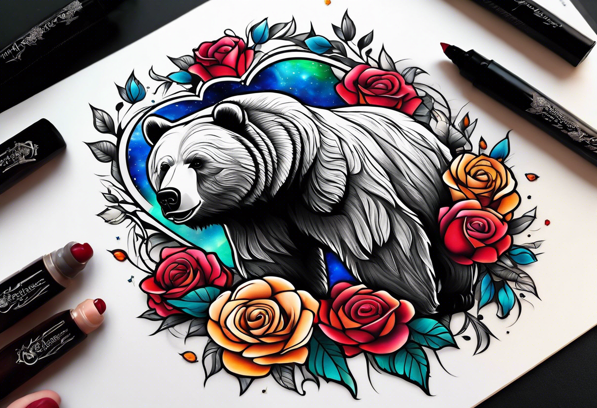 Bear under the tree of life with multicolor roses and three butterflies for an upper arm tattoo. tattoo idea