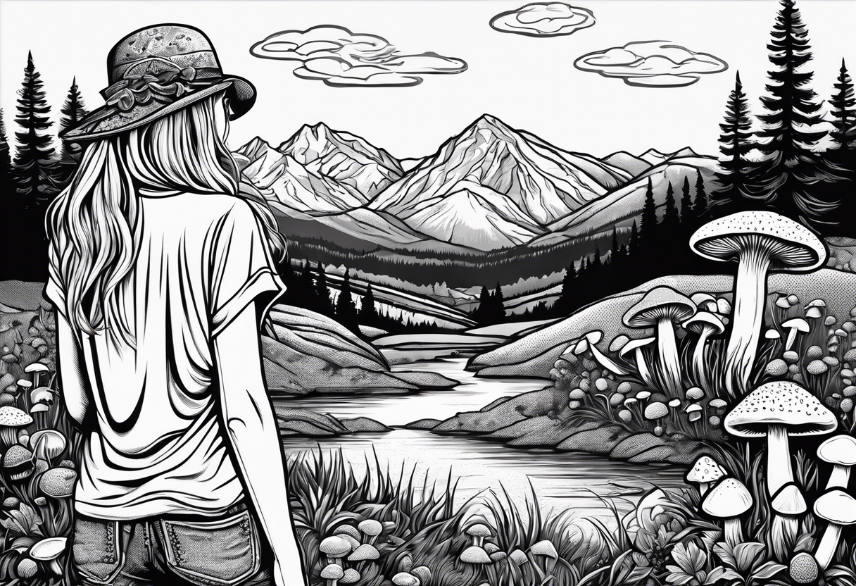 Straight long blonde hair hippie girl in distance holding mushrooms in hand facing away toward mountains and creek surrounded by mushrooms tee shirt hiking pants

Circular picture tattoo idea