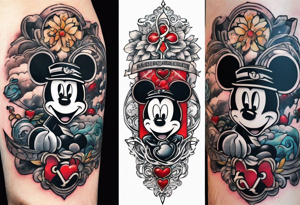 Tattoo full left arm with a collage of  a medicine caduceus and a mickey mouse silhouette tattoo idea