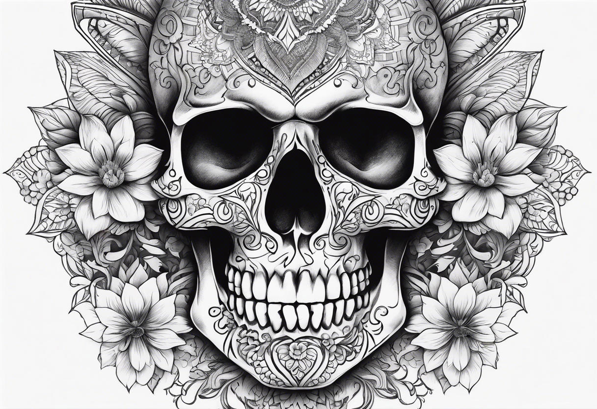 Draw me a realistic skull with big smoke out of his mouth add some flowers underneath with some mandalas Down under it tattoo idea