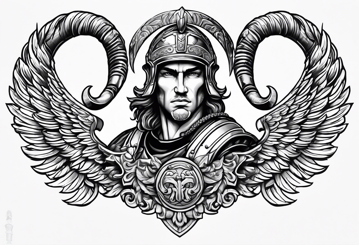 Roman soldier figure, ram's horns, guardian angel tattoo idea