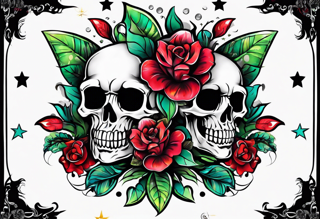 neck tattoo stencil about pain and struggle in new school or polka trash style with funny happy skulls tattoo idea