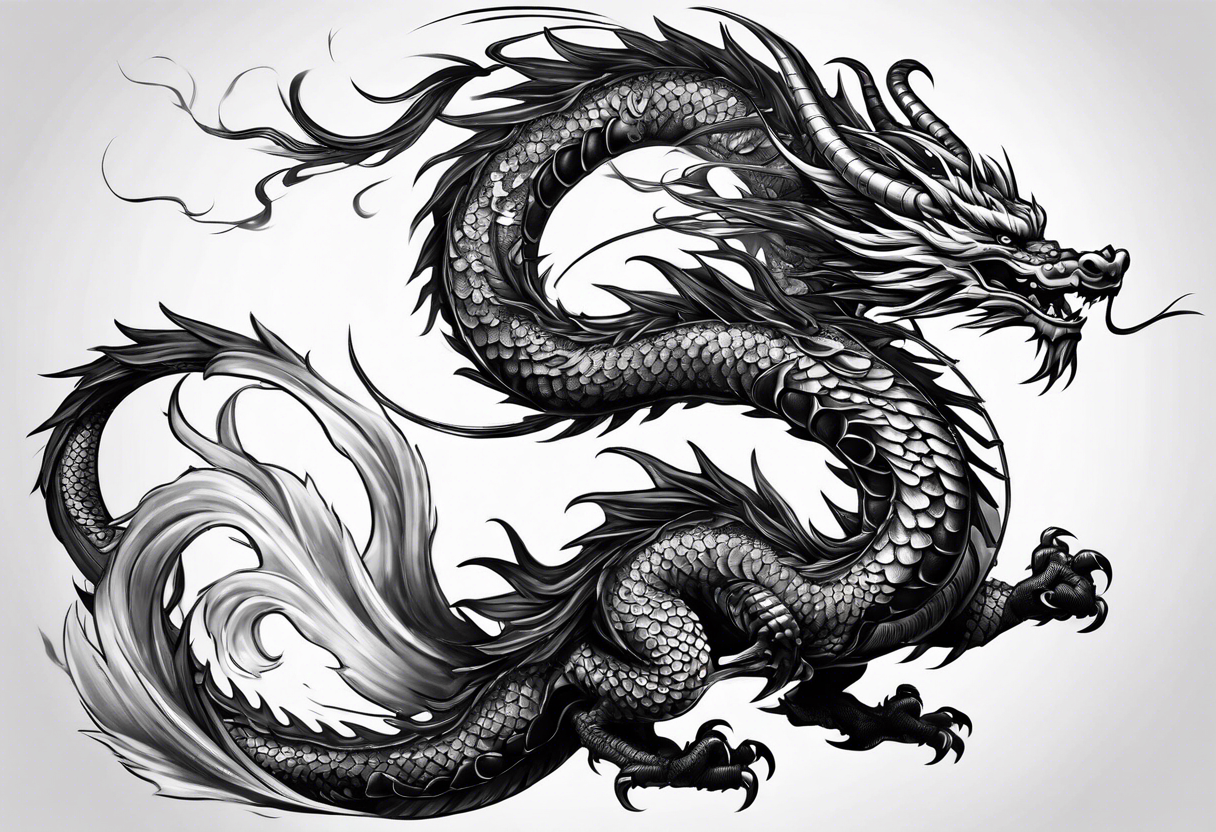 Brushstroke oriental dragon with wrapped around a sword tattoo idea