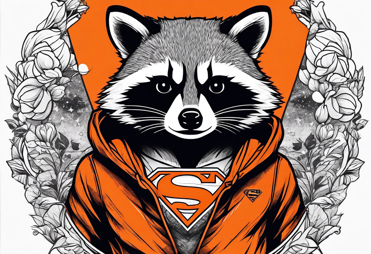 Raccoon wearing an orange Superman hoodie tattoo idea