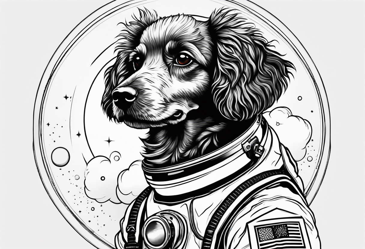 poodle mix dog in a space suit floating outline tattoo idea