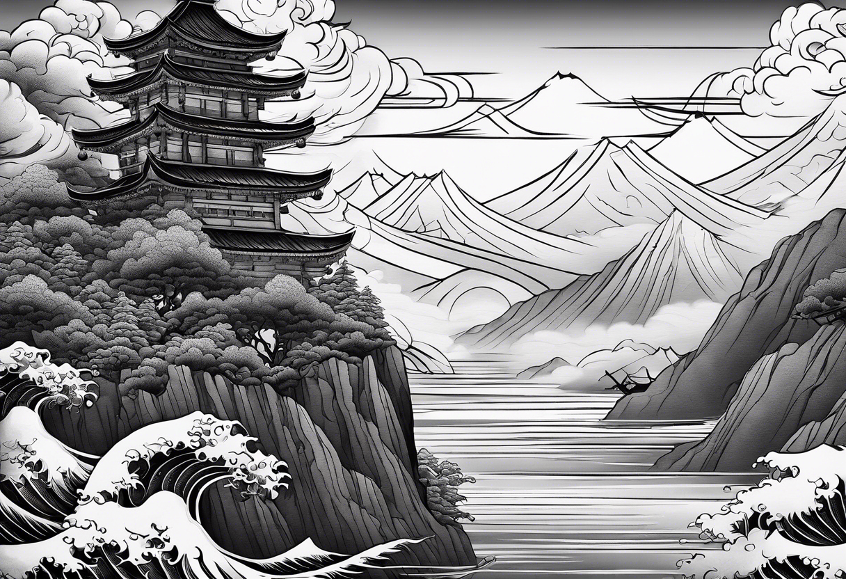 samurai flies among the clouds. beneath it is the ocean and mountains. next to him is war and love tattoo idea