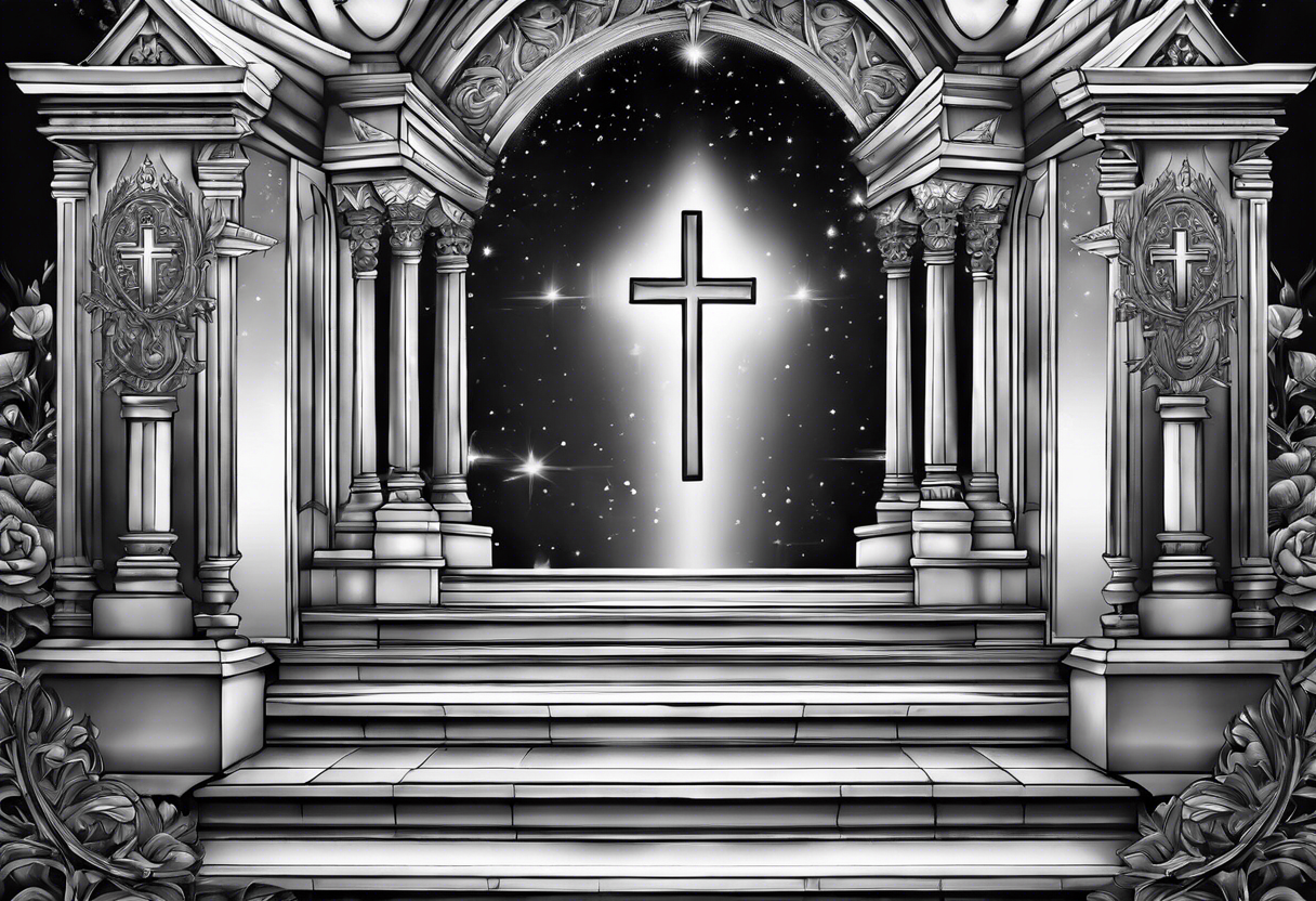 three crosses at the foot of stairs leading to heavens gates tattoo idea