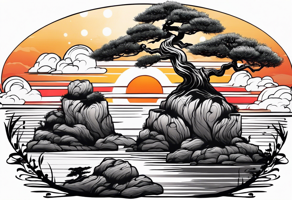 Sunset and little down bonsai trees tattoo idea