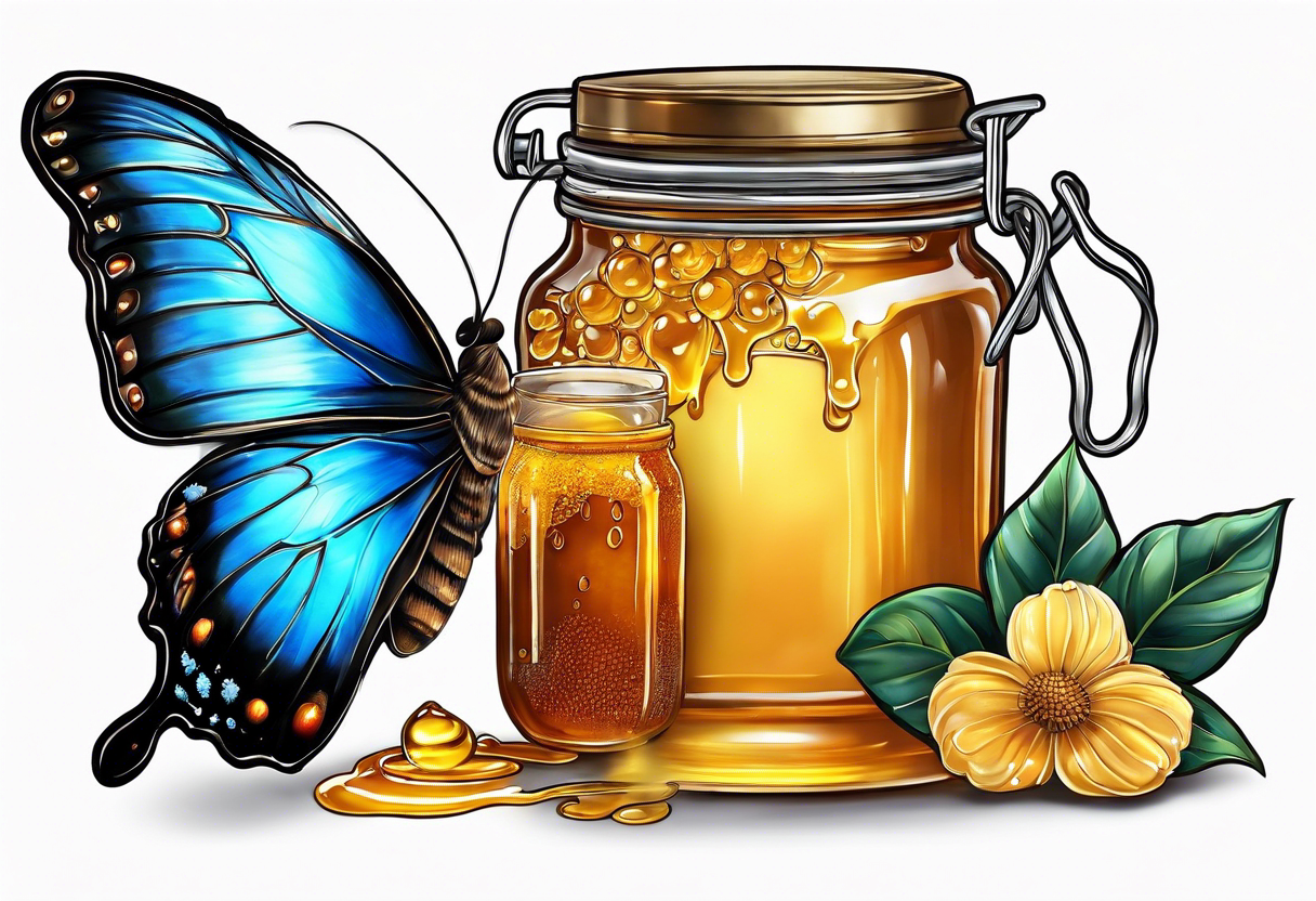 Blue morpho butterfly with a glass jar of honey with honey spilling over tattoo idea