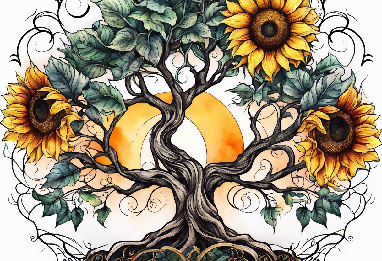 Feminine Yggdrasil tree with two sunflowers tattoo idea