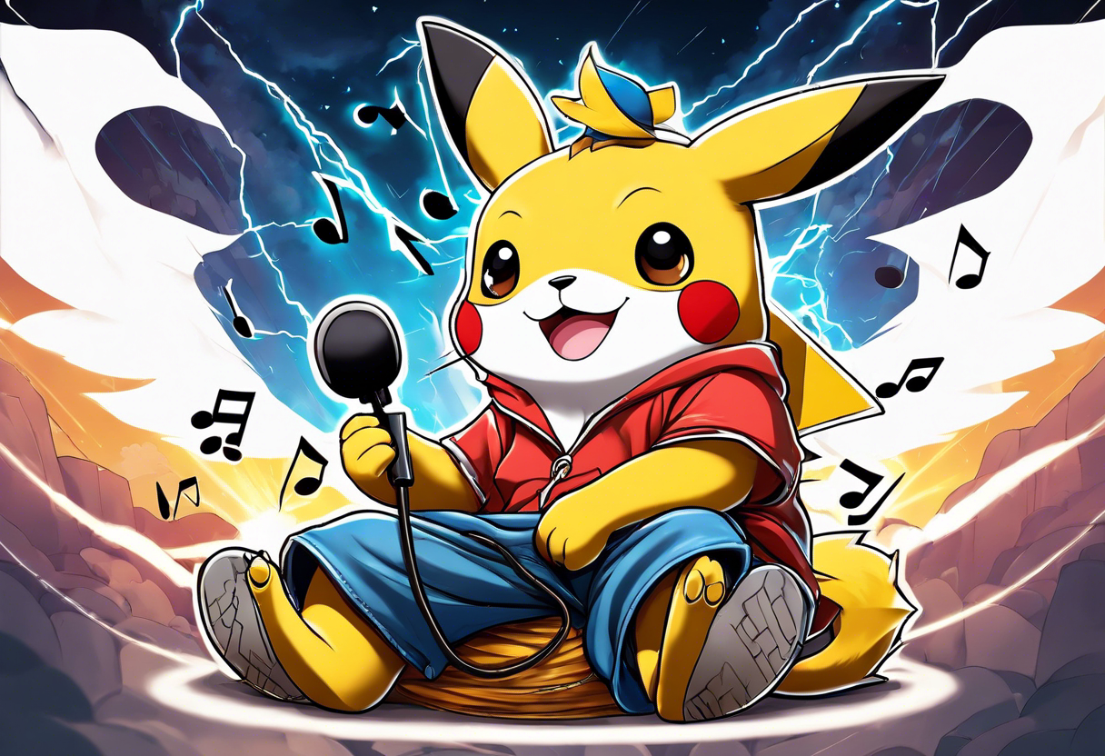 pickachu sitting on a lion listening to music with music notes and thunder bolts tattoo idea