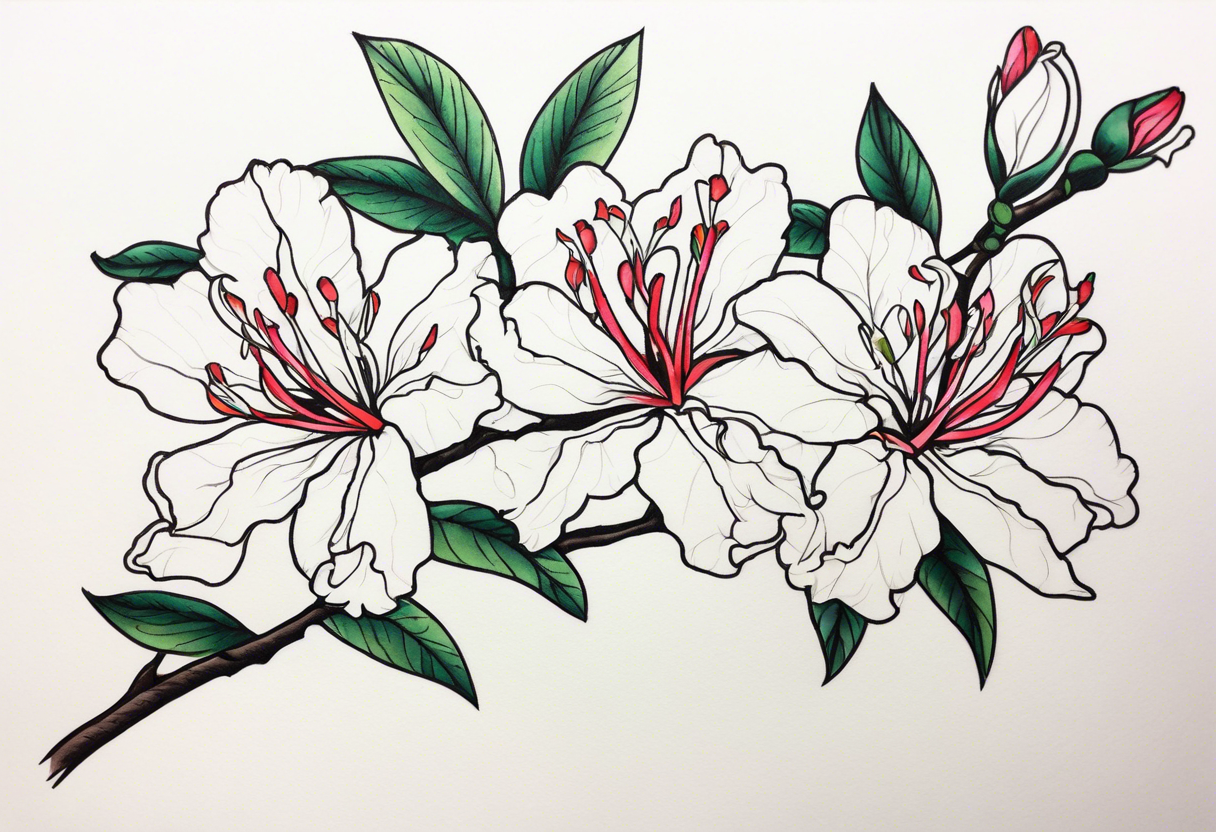 5-petal Azaleas, spread out along a long branch tattoo idea