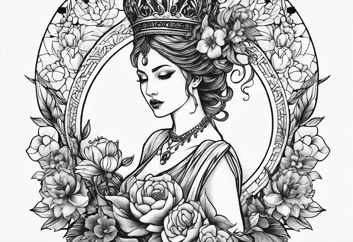 persephone goddess theme tattoo with a dark or gothic perspective. Include pomegranate, flowers and her being the queen of the underwood tattoo idea