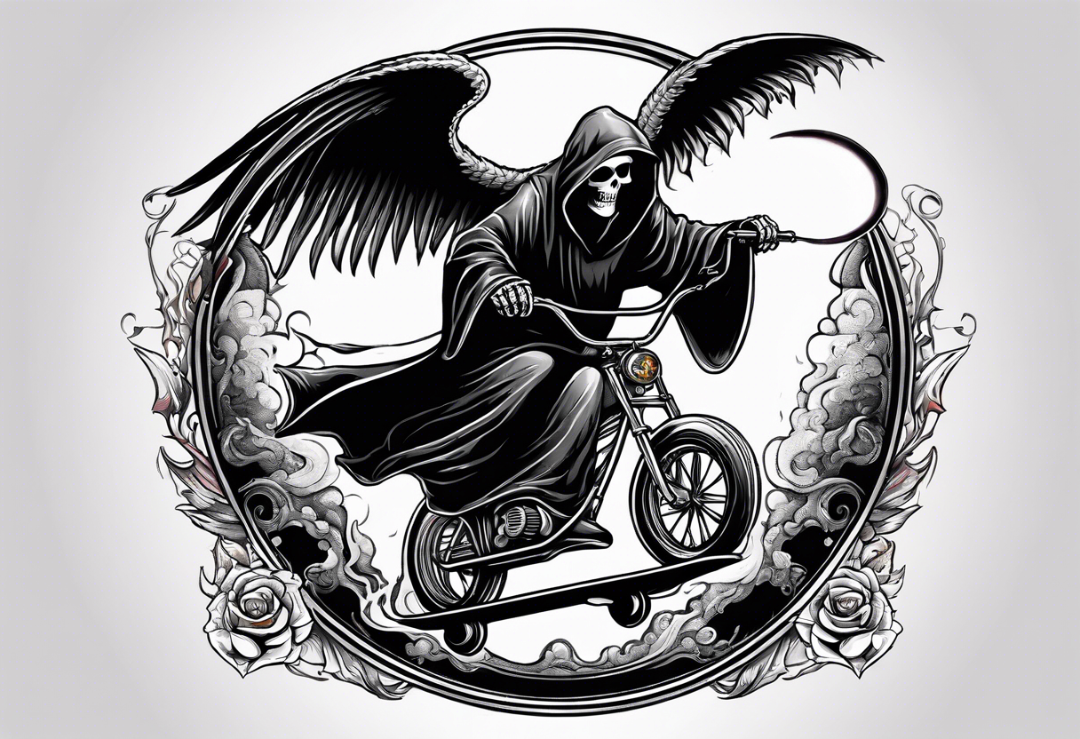 the grim reaper riding a skateboard with an angel halo above his head tattoo idea