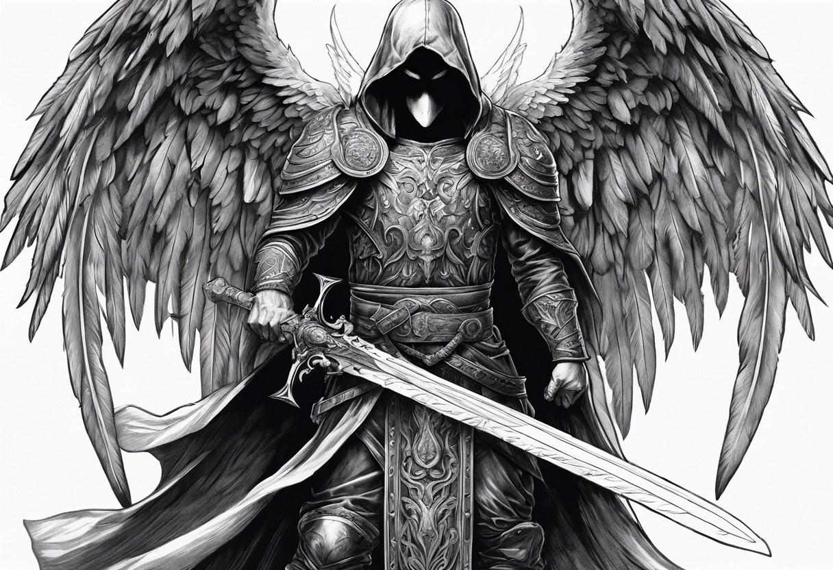 realistic angel of death, man, full body, no face visible, holding one sword, sword pointing downwards, both hands are holding the sword tattoo idea