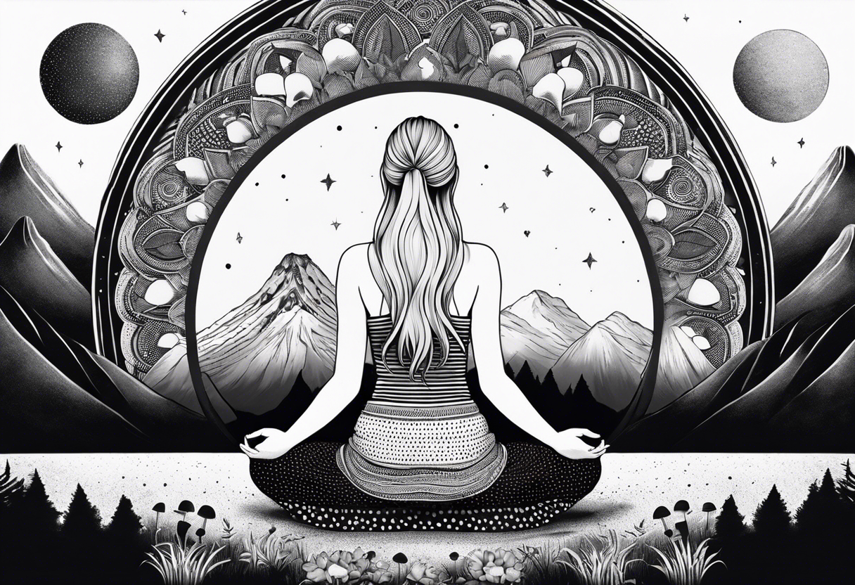 Straight blonde hair girl meditating facing away toward mountains surrounded by mushrooms crescent moon mandala circular design black and white striped dress tattoo idea