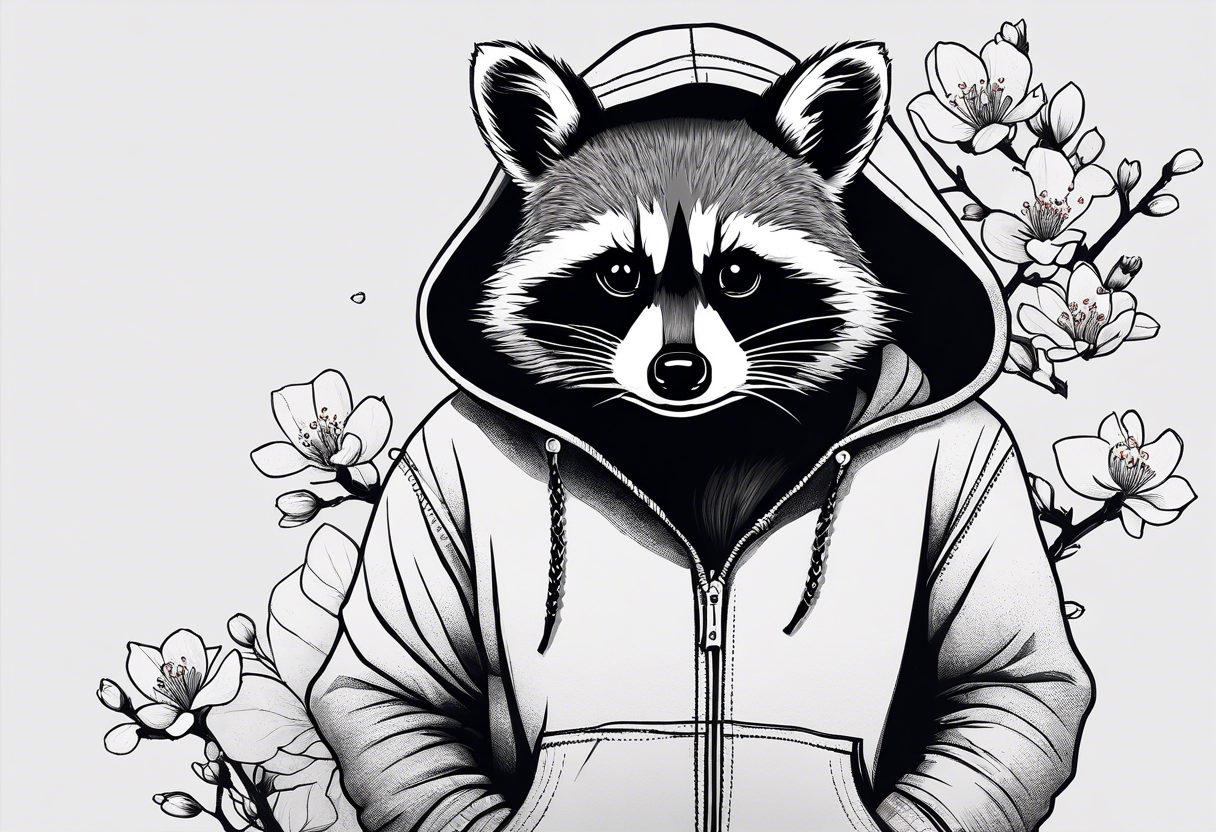 Raccoon wearing a Superman hoodie and Japanese cherry blossoms tattoo idea