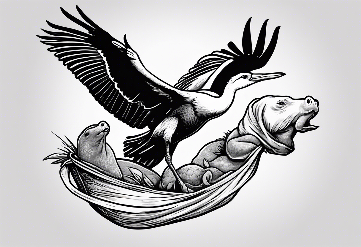 Stork flying and carrying baby hippo in sack tattoo idea