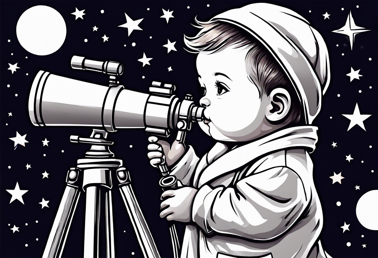 Small baby in a lab coat looking up at the stars through a telescope tattoo idea