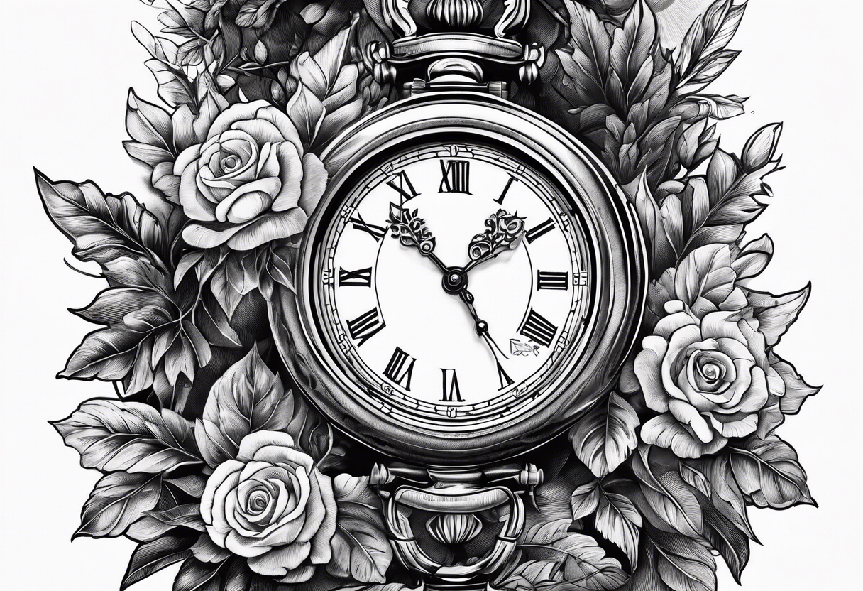 Antique watch surrounded by trees tattoo idea