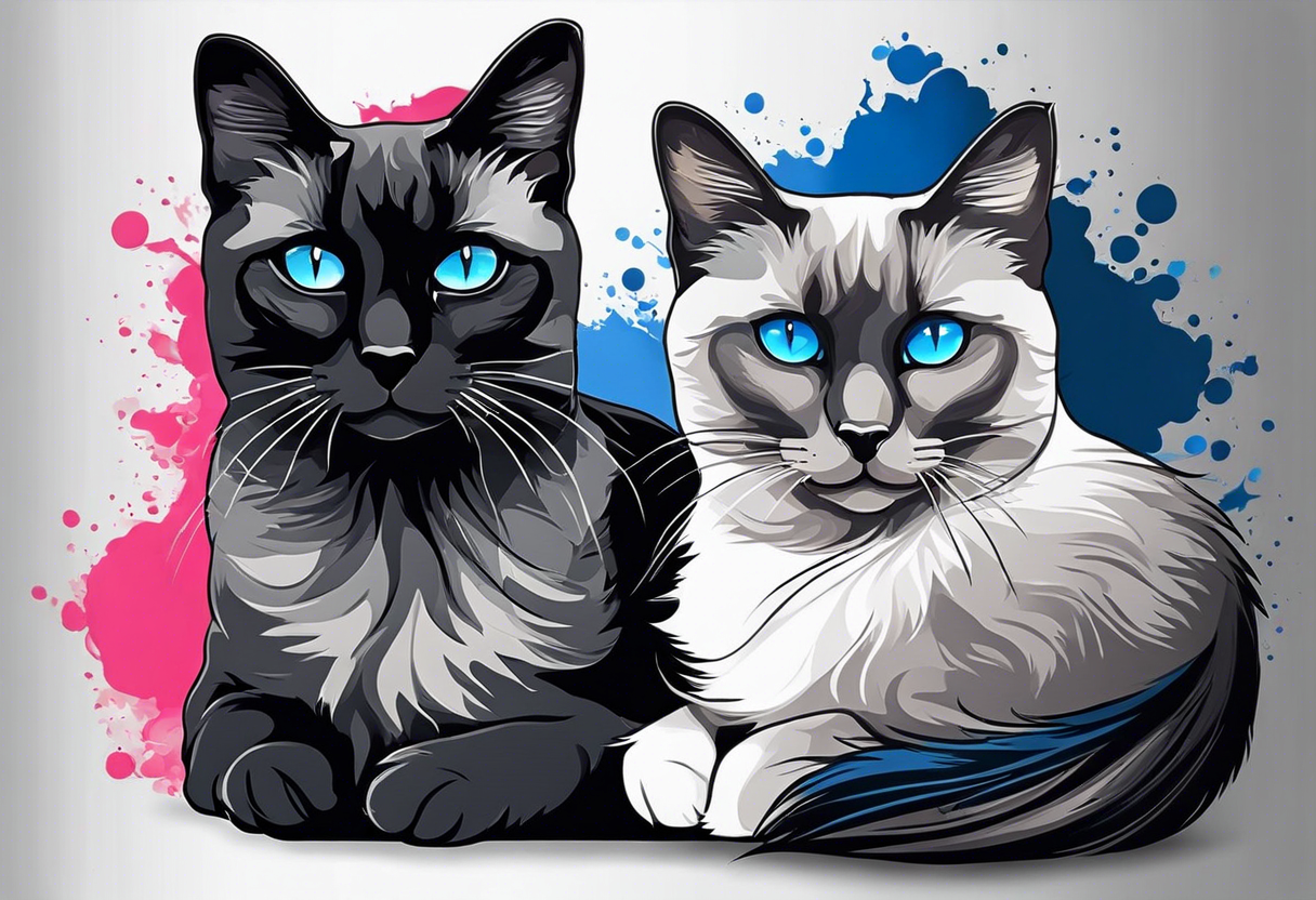 Two cats. One is medium length black and white fur, the other is a medium gray Siamese with blue eyes that are slightly crossed. tattoo idea