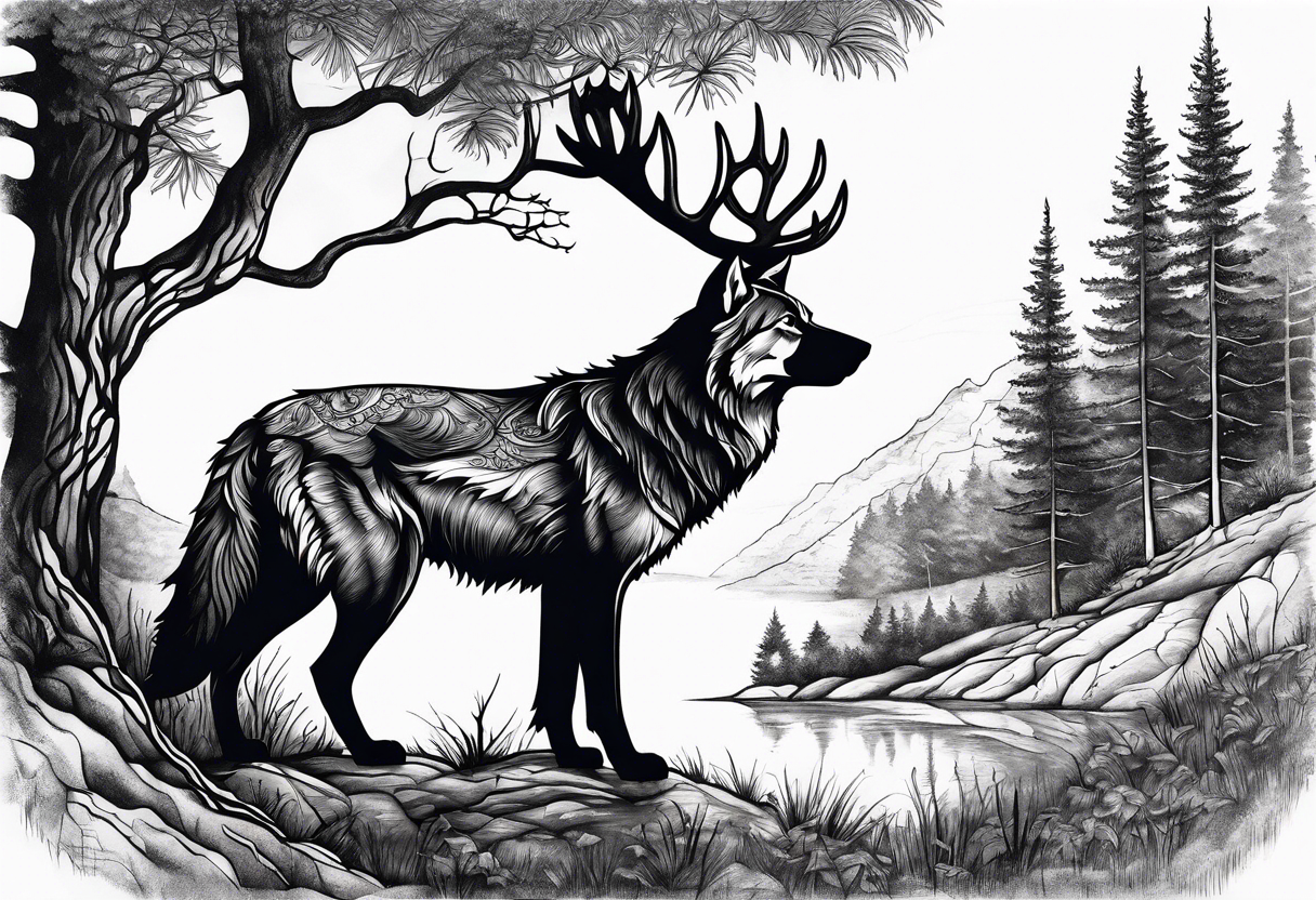 landscape with wolf and stag tattoo idea