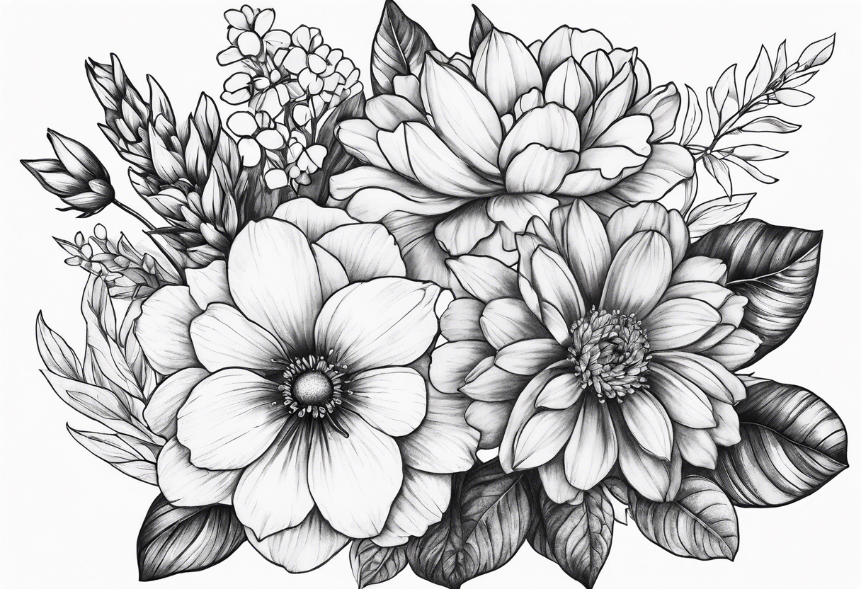 Bouquet of birth flowers tattoo idea