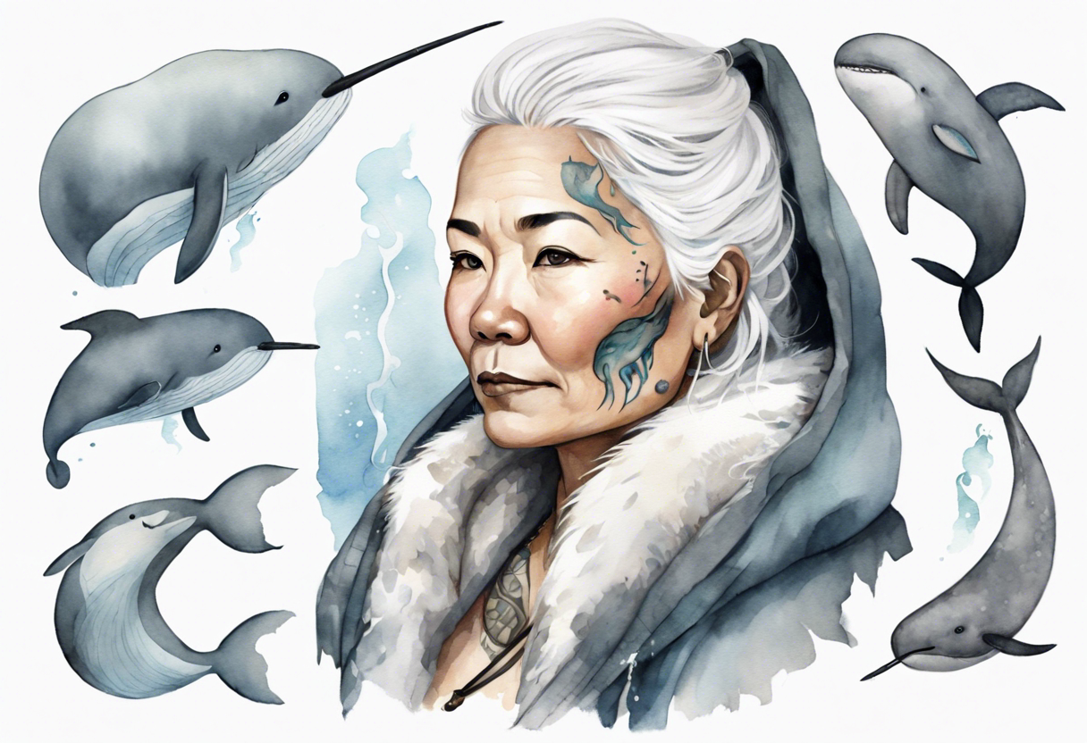 a 45-year-old Inuit woman with white  hair wearing a white and grey cloak with a large narwhal tattoo idea