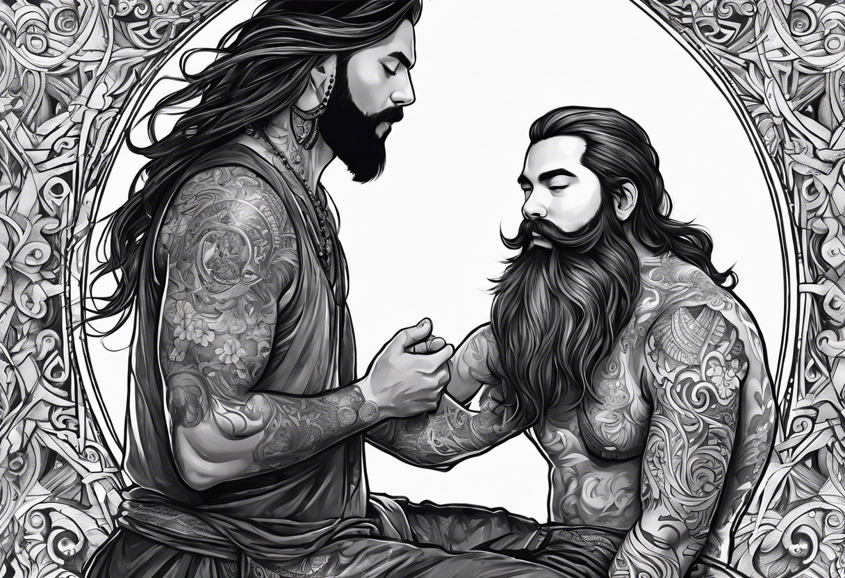 mindful father with long hair and a beard performing transition ritual with young boy tattoo idea