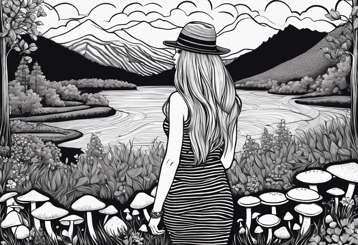 Straight long blonde hair hippie girl in distance holding mushrooms in hand facing away toward mountains and creek surrounded by mushrooms black and white striped dress tattoo idea