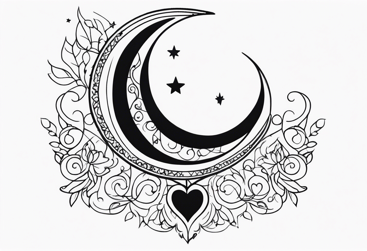 Crescent moon with hearts dangling from the bottom of it tattoo idea