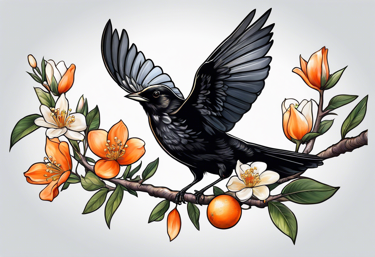 blackbird leaving on an orange blossom branch with its wings up tattoo idea