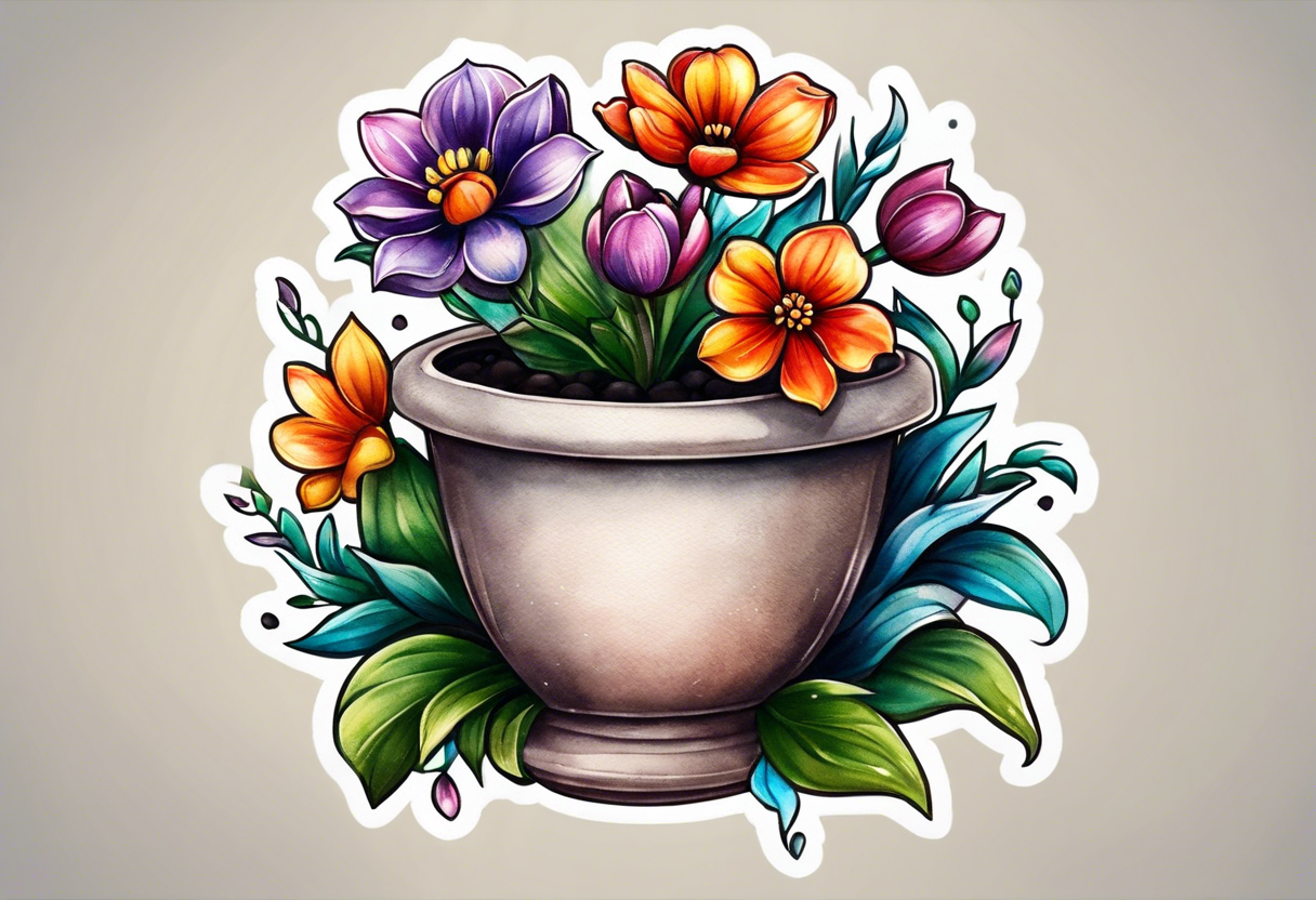 I would like a tattoo of a small-sized flower pot. Coming out of the flower pot should be a flower that has not bloomed yet, but is getting close to blooming. tattoo idea