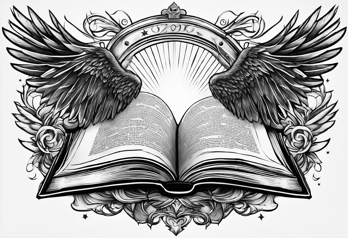 an open book with a sword through it, wings and sparks surrounding the book. tattoo idea