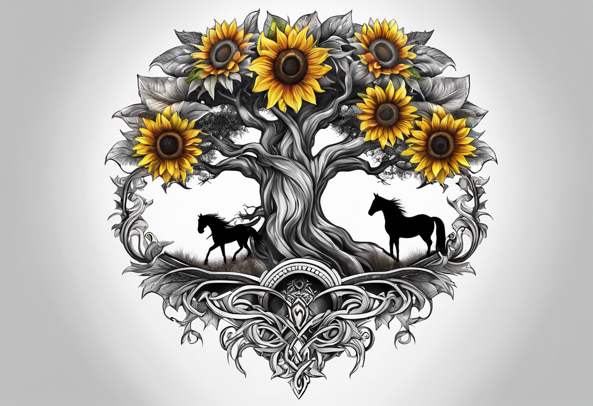 Yggdrasil tree, horse, sunflower tattoo idea