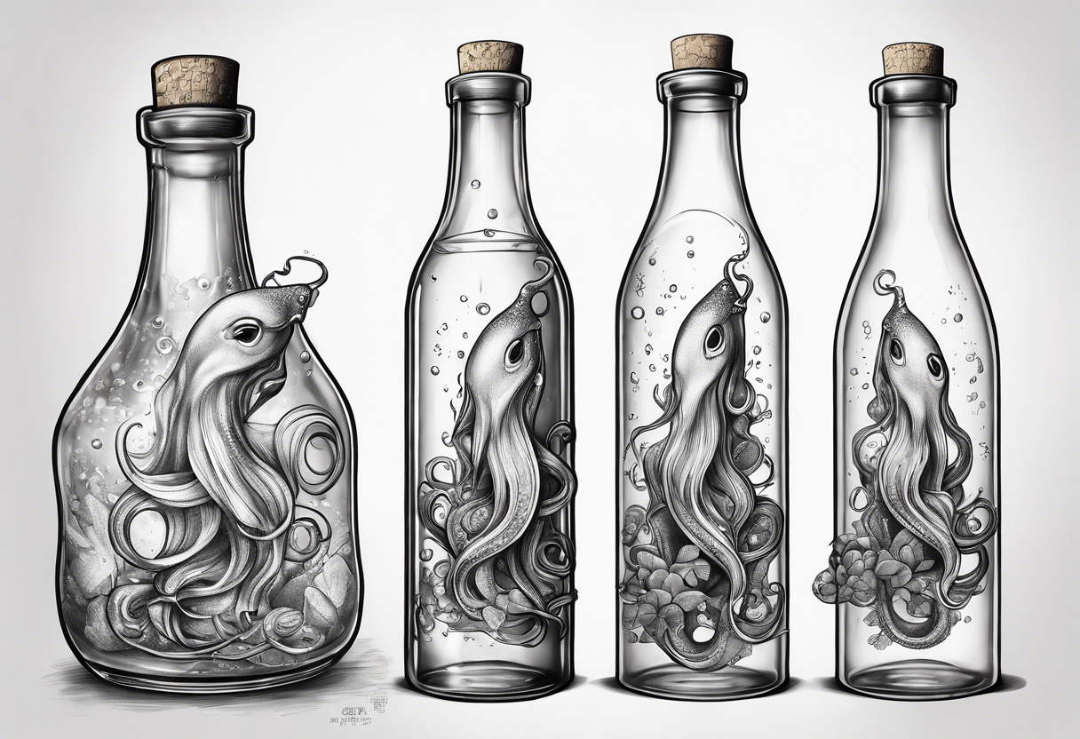 A squid trapped in a bottle with a cork tattoo idea