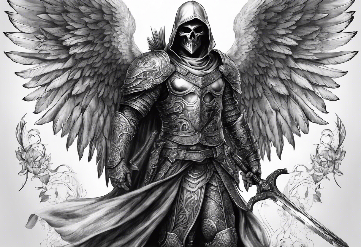 realistic full body of man angel of death, without face, with armour, holding sword in right hand tattoo idea