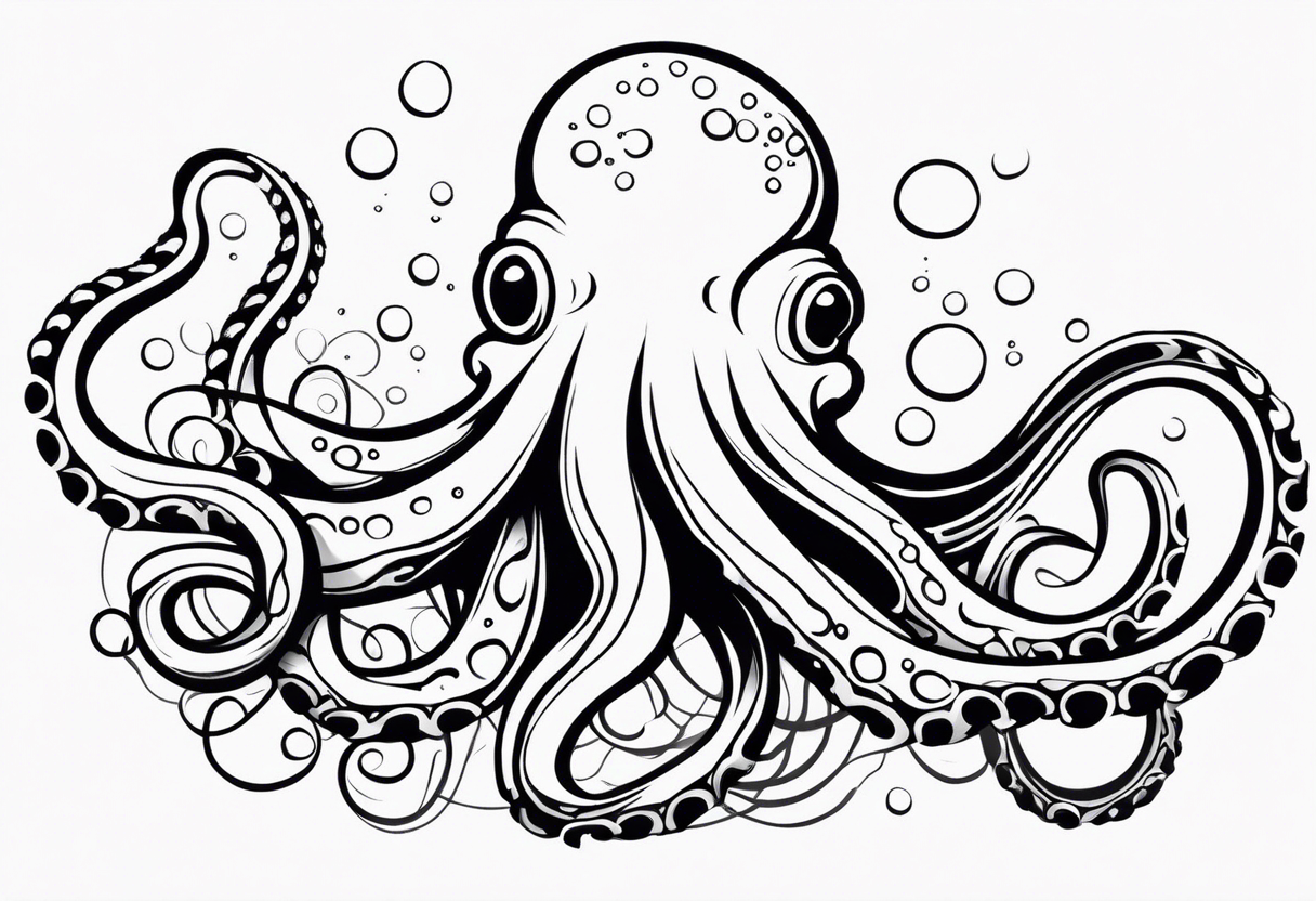 Tribal half sleeve. octopus surrounded by ribbons of water waves filled with fish. the octopus has no eyes. Use thick lines only with less detail. tattoo idea