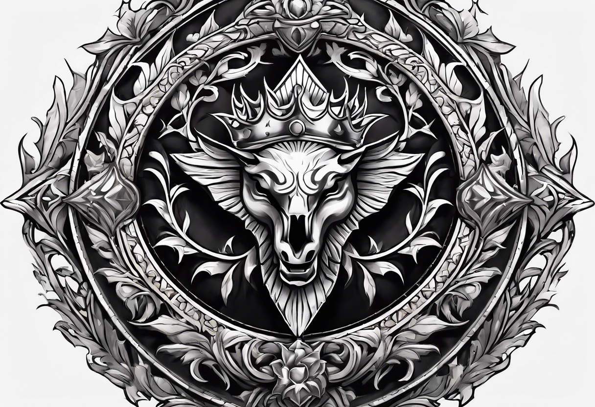 A beautifully adorned shield with a subtle crown of thorns encircling it, radiating an aura of divine power. tattoo idea