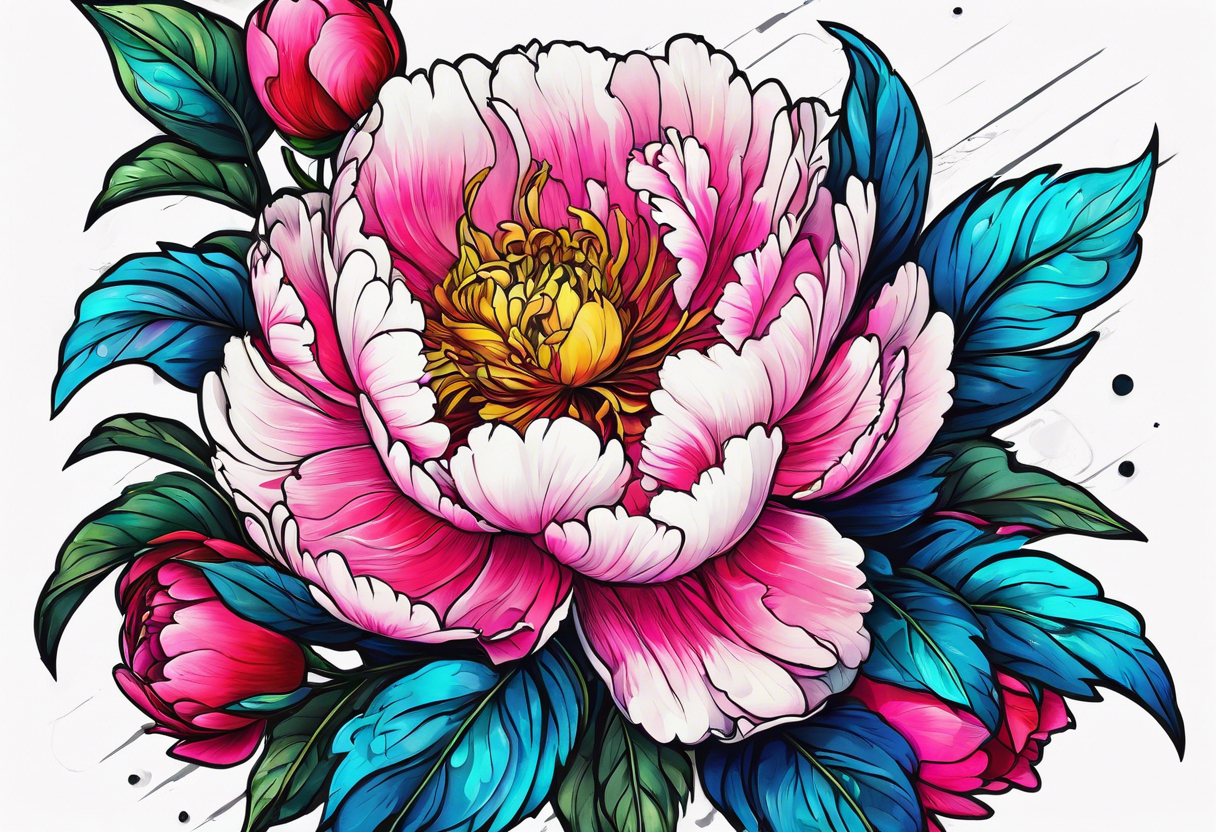 beautiful. colorful, neon, multicolored peony, white background, highly detailed, new school, new school style, street style, streetwear, urban wear, partially bloomed tattoo idea