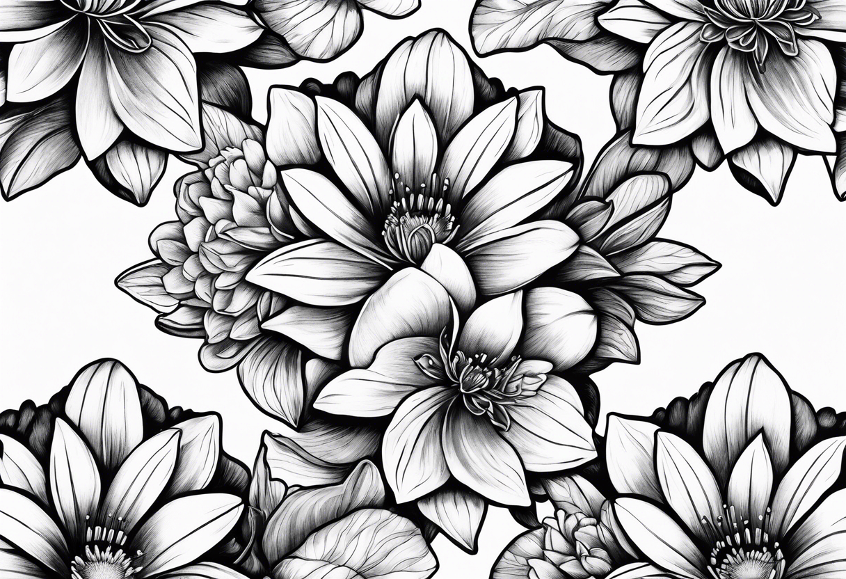 Water lilies and larkspur bouquet tattoo idea